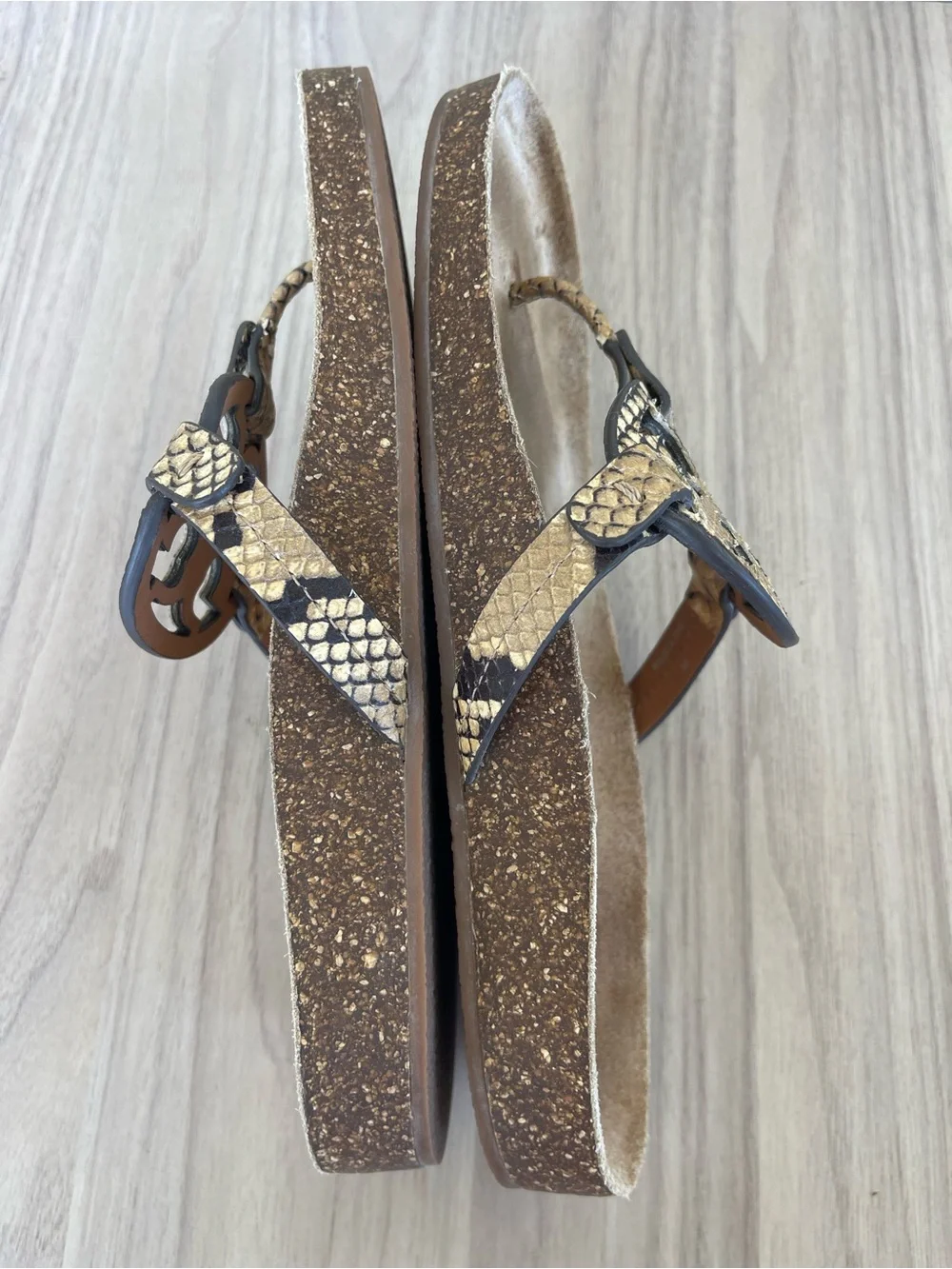 Tory Burch Brown and Black Snakeskin Logo Thong Sandals